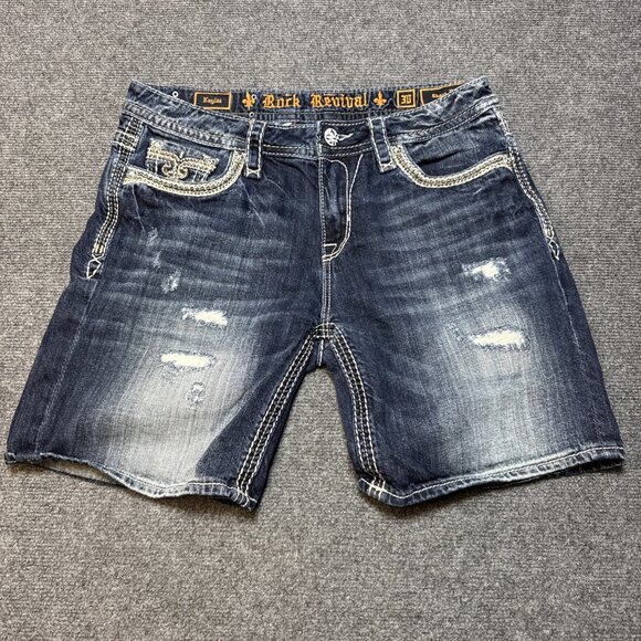 Rock‎ Revival Kaylee Size 30 Easy Short Blue Embellished Distressed Thick Stitch - Picture 1 of 8